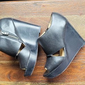 Coach black leather peep toe wedge shoes